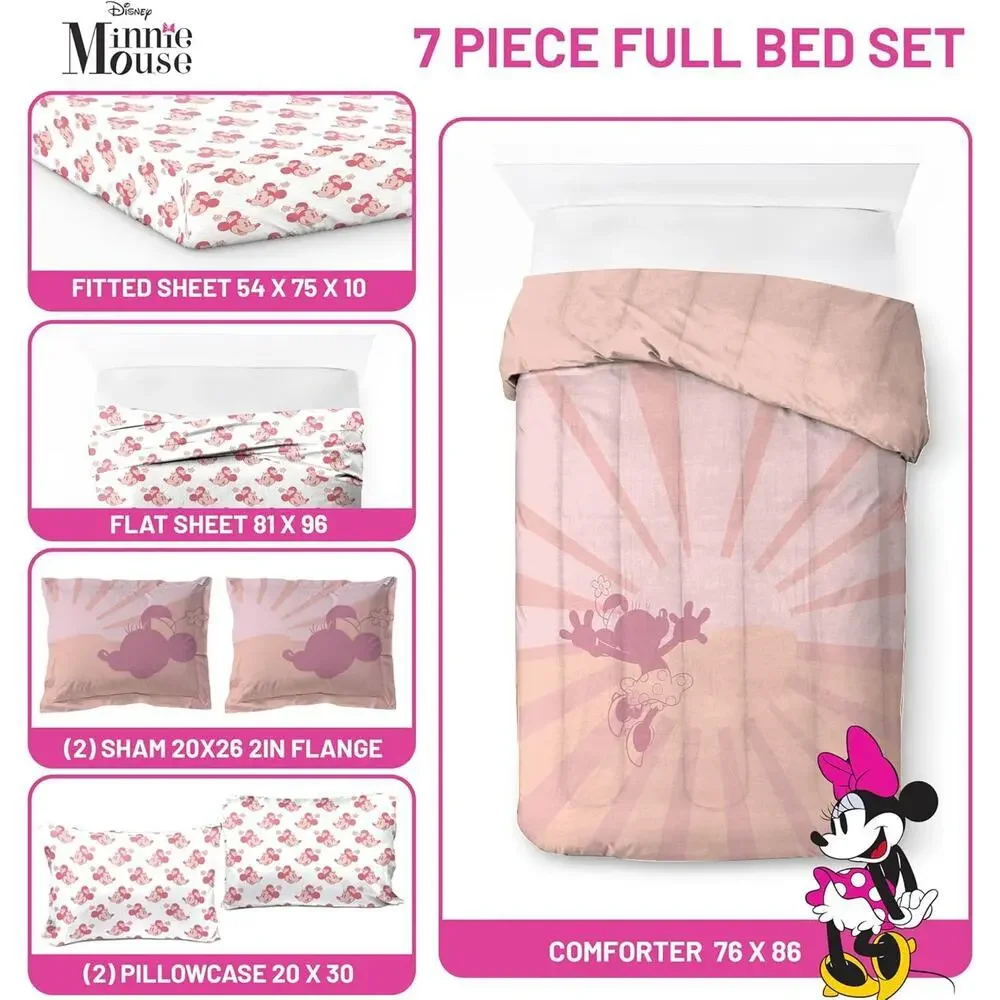 NEW Disney Minnie Mouse 7 Pc Full  Double Comforter & Sheet Set Franco PINK